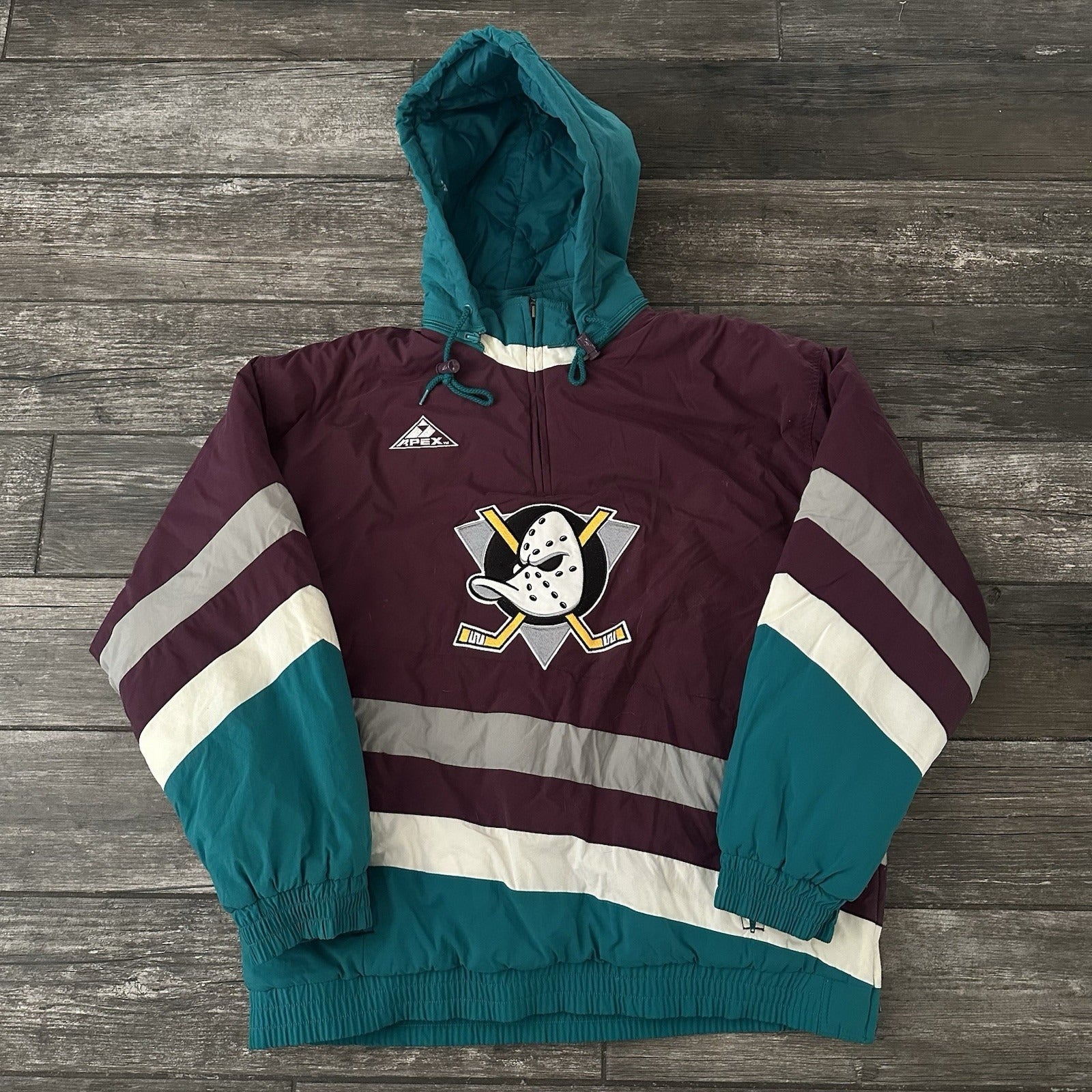 VTG APEX ONE ANAHEIM MIGHTY DUCKS PUFFER HOCKEY JACKET COAT SZ M Yesterday's Fits Clothing Fashion Vintage Streetwear Fashion Item