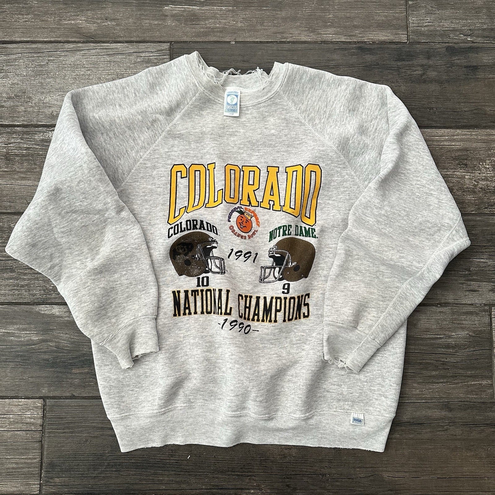 VTG 1990 COLORADO BUFFALOES ORANGE BOWL CHAMPS FOOTBALL SWEATSHIRT SZ L GREY Yesterday's Fits Clothing Fashion Vintage Streetwear Fashion Item