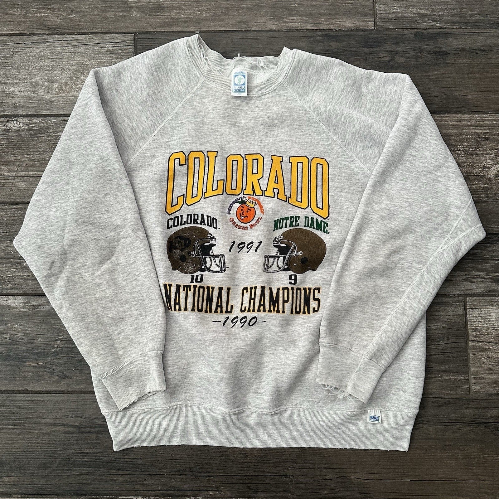VTG 1990 COLORADO BUFFALOES ORANGE BOWL CHAMPS FOOTBALL SWEATSHIRT SZ L GREY Yesterday's Fits Clothing Fashion Vintage Streetwear Fashion Item