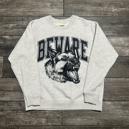 MARKET 'BEWARE' DOG K9 GREY PULLOVER CREWNECK SWEATSHIRT HEAVYWEIGHT SZ L Yesterday's Fits Clothing Fashion Vintage Streetwear Fashion Item