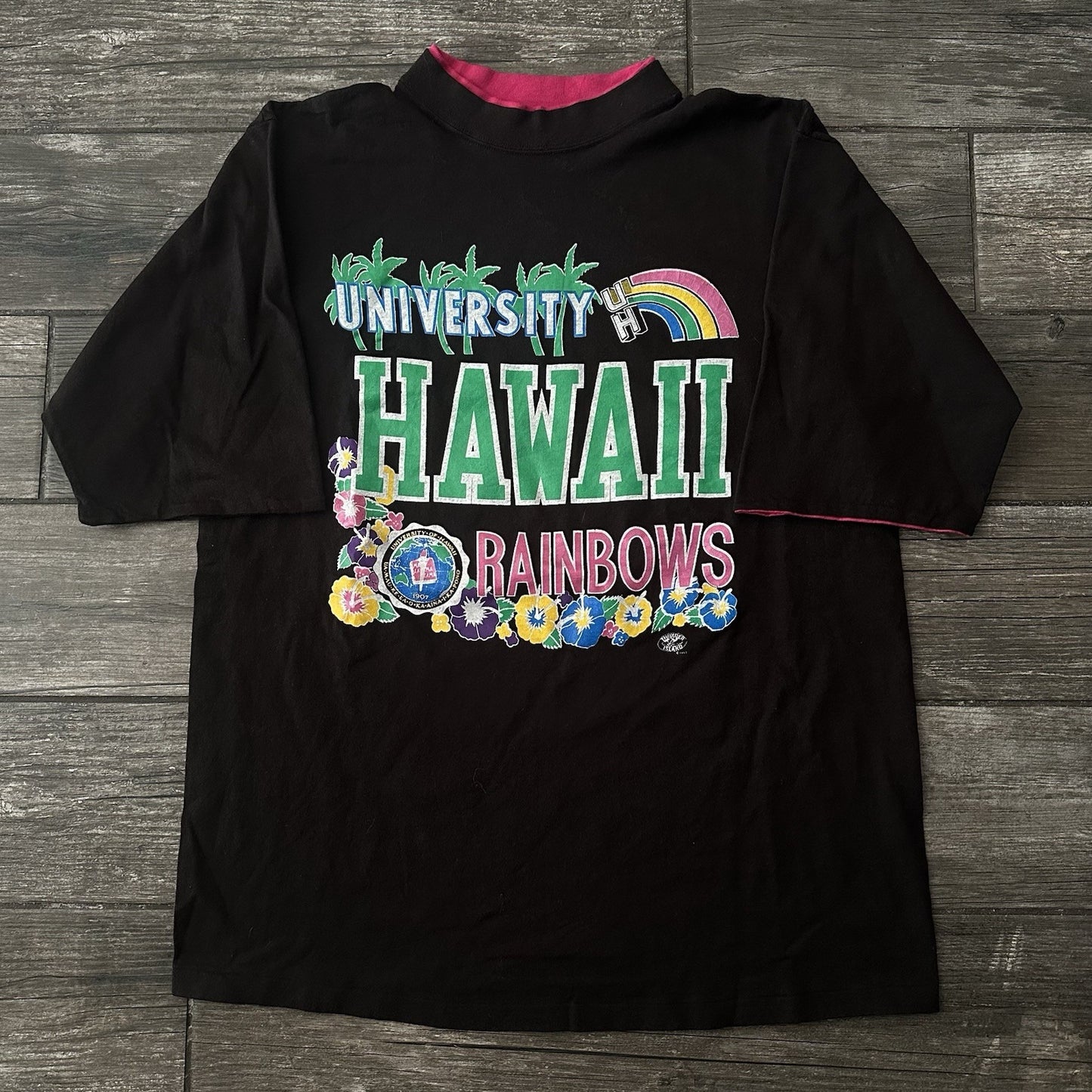VTG 90s HAWAII RAINBOWS BLACK DOUBLE LAYER COLLEGE T-SHIRT PINK WARRIORS XL Yesterday's Fits Clothing Fashion Vintage Streetwear Fashion Item