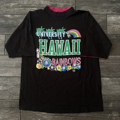 VTG 90s HAWAII RAINBOWS BLACK DOUBLE LAYER COLLEGE T-SHIRT PINK WARRIORS XL Yesterday's Fits Clothing Fashion Vintage Streetwear Fashion Item