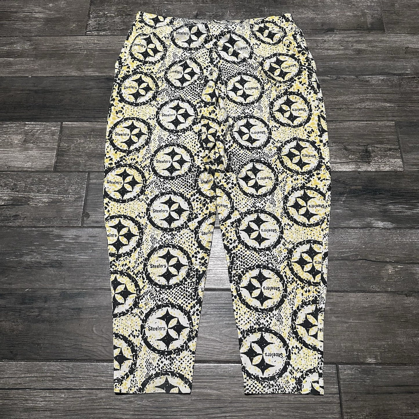 VTG ZUBAZ PITTSBURGH STEELERS AOP ALL OVER PRINT SWEATS PANTS SZ L BLACK YELLOW Yesterday's Fits Clothing Fashion Vintage Streetwear Fashion Item