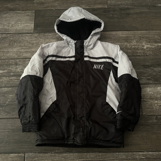 VTG Y2K NIKE FULL ZIP WINTER PUFFER JACKET COAT HOODED SZ YOUTH 7 BLACK GREY Yesterday's Fits Clothing Fashion Vintage Streetwear Fashion Item
