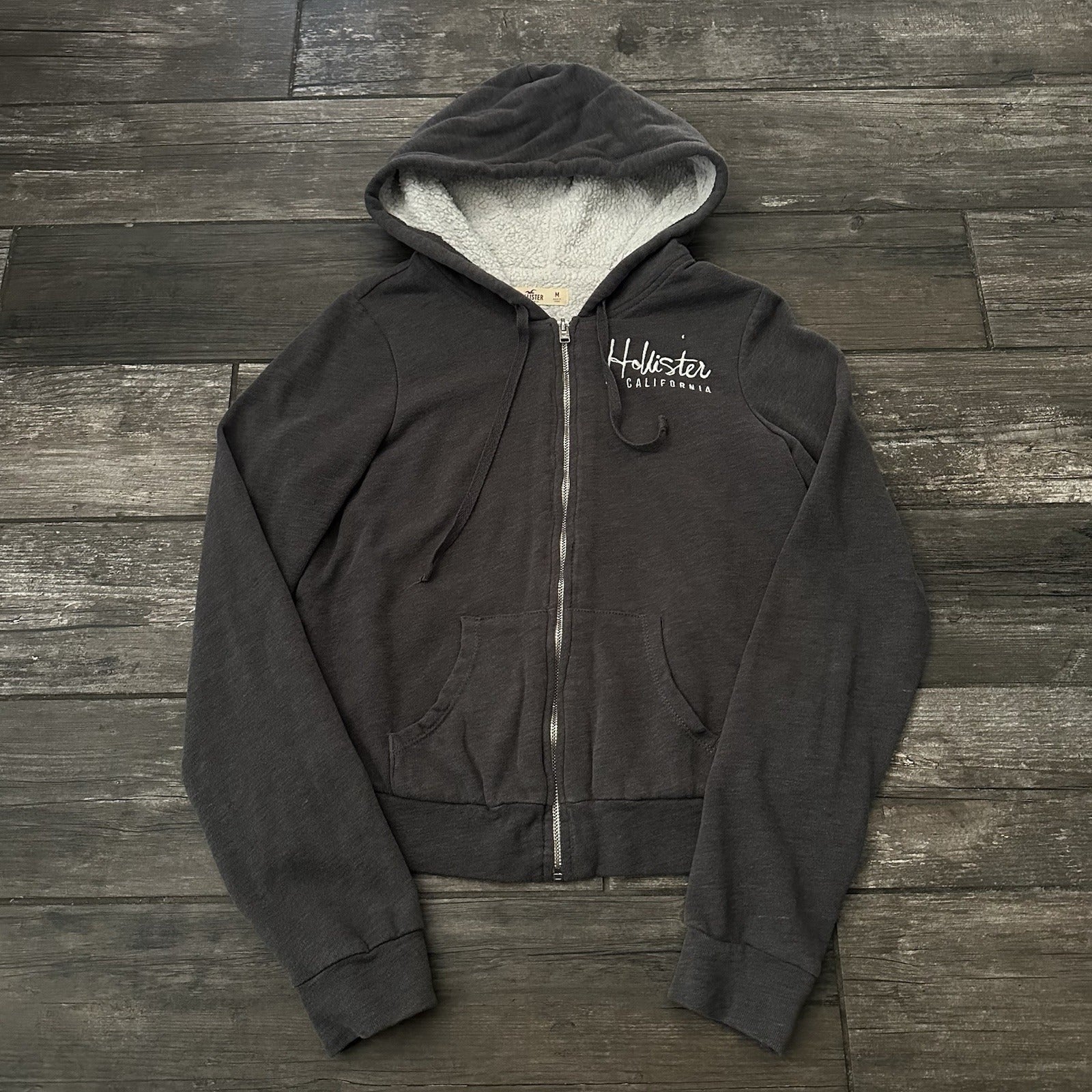 Y2K HOLLISTER FLEECE SHERPA LINED HOODIE SWEATSHIRT FULL ZIP GREY SZ M Yesterday's Fits Clothing Fashion Vintage Streetwear Fashion Item
