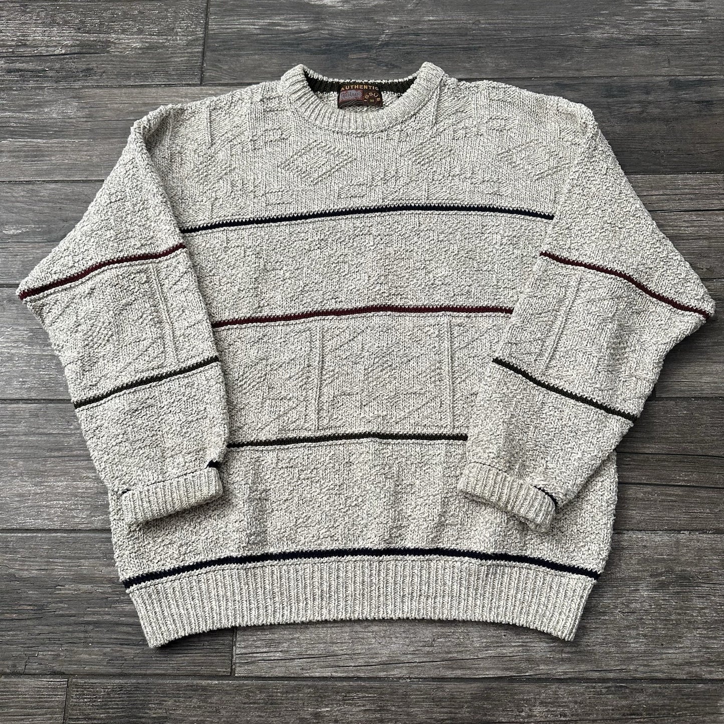 VTG AUTHENTIC ISSUE KNIT TEXTURED SWEATER GREY STRIPE USA MADE SZ L