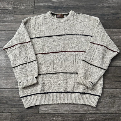 VTG AUTHENTIC ISSUE KNIT TEXTURED SWEATER GREY STRIPE USA MADE SZ L