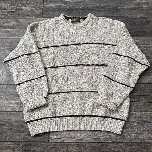 VTG AUTHENTIC ISSUE KNIT TEXTURED SWEATER GREY STRIPE USA MADE SZ L Yesterday's Fits Clothing Fashion Vintage Streetwear Fashion Item