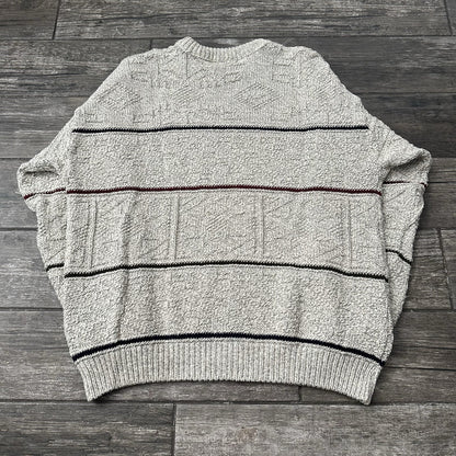 VTG AUTHENTIC ISSUE KNIT TEXTURED SWEATER GREY STRIPE USA MADE SZ L