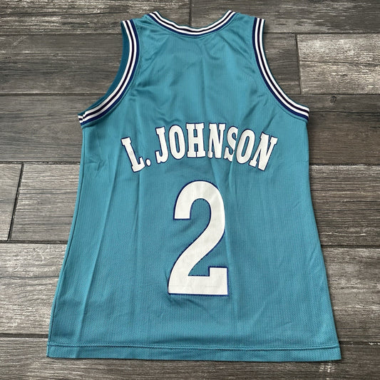 VTG CHAMPION CHARLOTTE HORNETS LARRY JOHNSON TEAL BASKETBALL JERSEY SZ S 36 Yesterday's Fits Clothing Fashion Vintage Streetwear Fashion Item