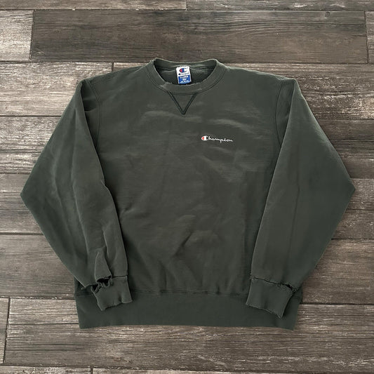 VTG 90s CHAMPION DISTRESSED FOREST GREEN CREWNECK SWEATSHIRT SZ XL CURSIVE Yesterday's Fits Clothing Fashion Vintage Streetwear Fashion Item