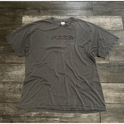 VTG FOX MOTORSPORTS GREY FADED DISTRESSED FLAMES LOGO T-SHIRT BAGGY FADE Yesterday's Fits Clothing Fashion Vintage Streetwear Fashion Item