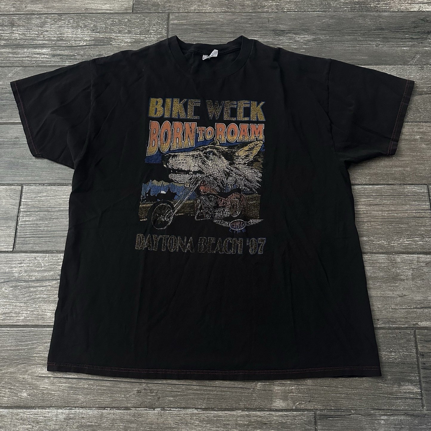 VTG 1997 BIKE WEEK DAYTONA FL BORN TO ROAM MOTORCYCLE FADED T-SHIRT WOLF XXL Yesterday's Fits Clothing Fashion Vintage Streetwear Fashion Item