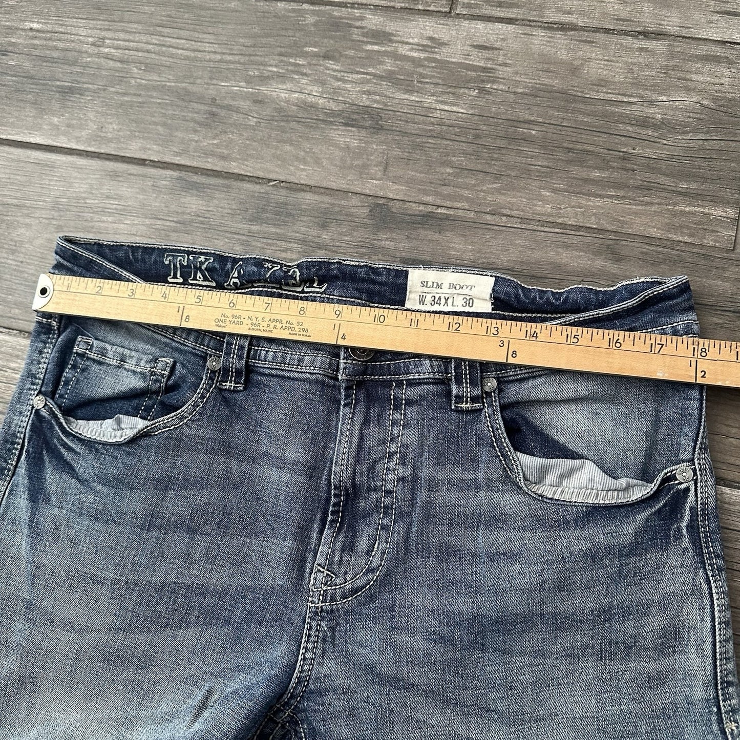 Y2K TK AXEL BLUE FADED DENIM JEANS SLIM BOOT PANTS SZ MEASURES 36x29 Yesterday's Fits Clothing Fashion Vintage Streetwear Fashion Item