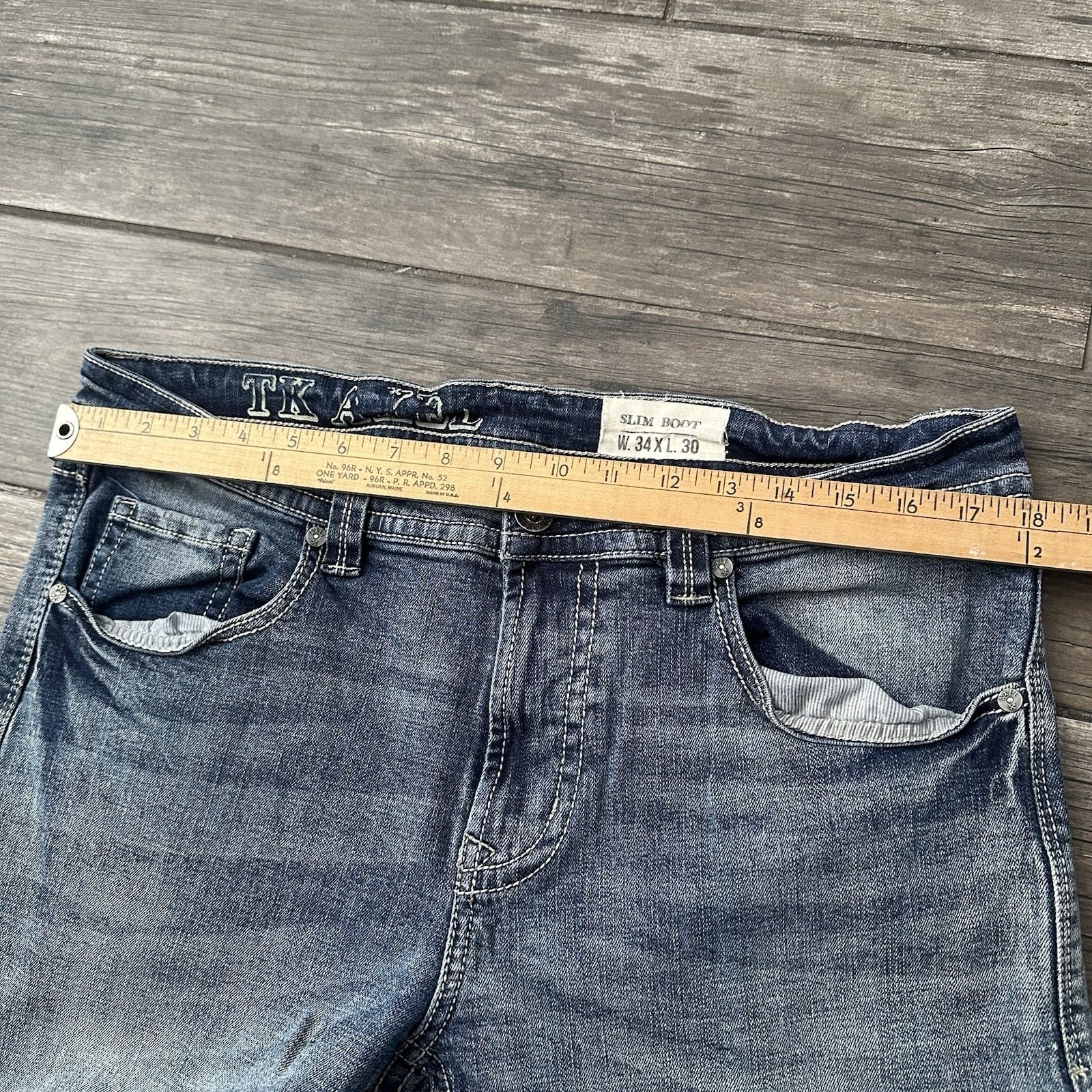 Y2K TK AXEL BLUE FADED DENIM JEANS SLIM BOOT PANTS SZ MEASURES 36x29 Yesterday's Fits Clothing Fashion Vintage Streetwear Fashion Item