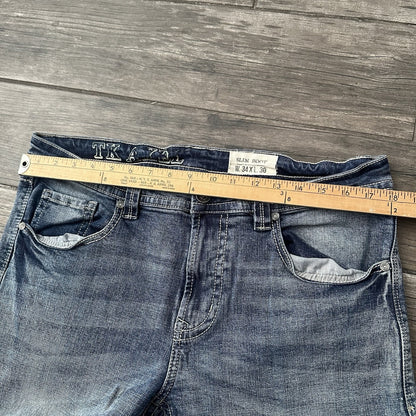 Y2K TK AXEL BLUE FADED DENIM JEANS SLIM BOOT PANTS SZ MEASURES 36x29 Yesterday's Fits Clothing Fashion Vintage Streetwear Fashion Item