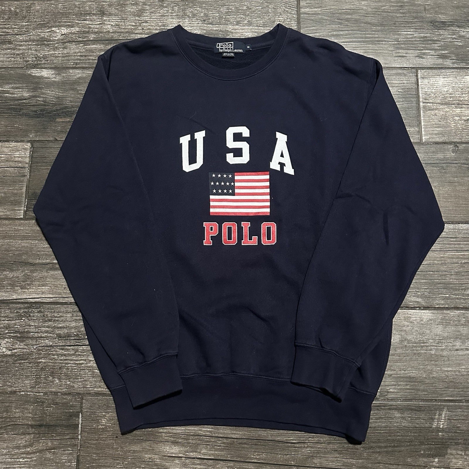 POLO RALPH LAUREN NAVY BLUE USA FLAG PULLOVER CREWNECK SWEATSHIRT SZ M Yesterday's Fits Clothing Fashion Vintage Streetwear Fashion Item