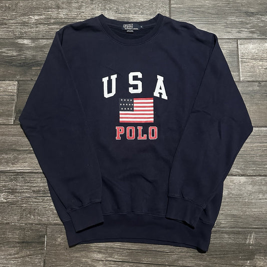 POLO RALPH LAUREN NAVY BLUE USA FLAG PULLOVER CREWNECK SWEATSHIRT SZ M Yesterday's Fits Clothing Fashion Vintage Streetwear Fashion Item