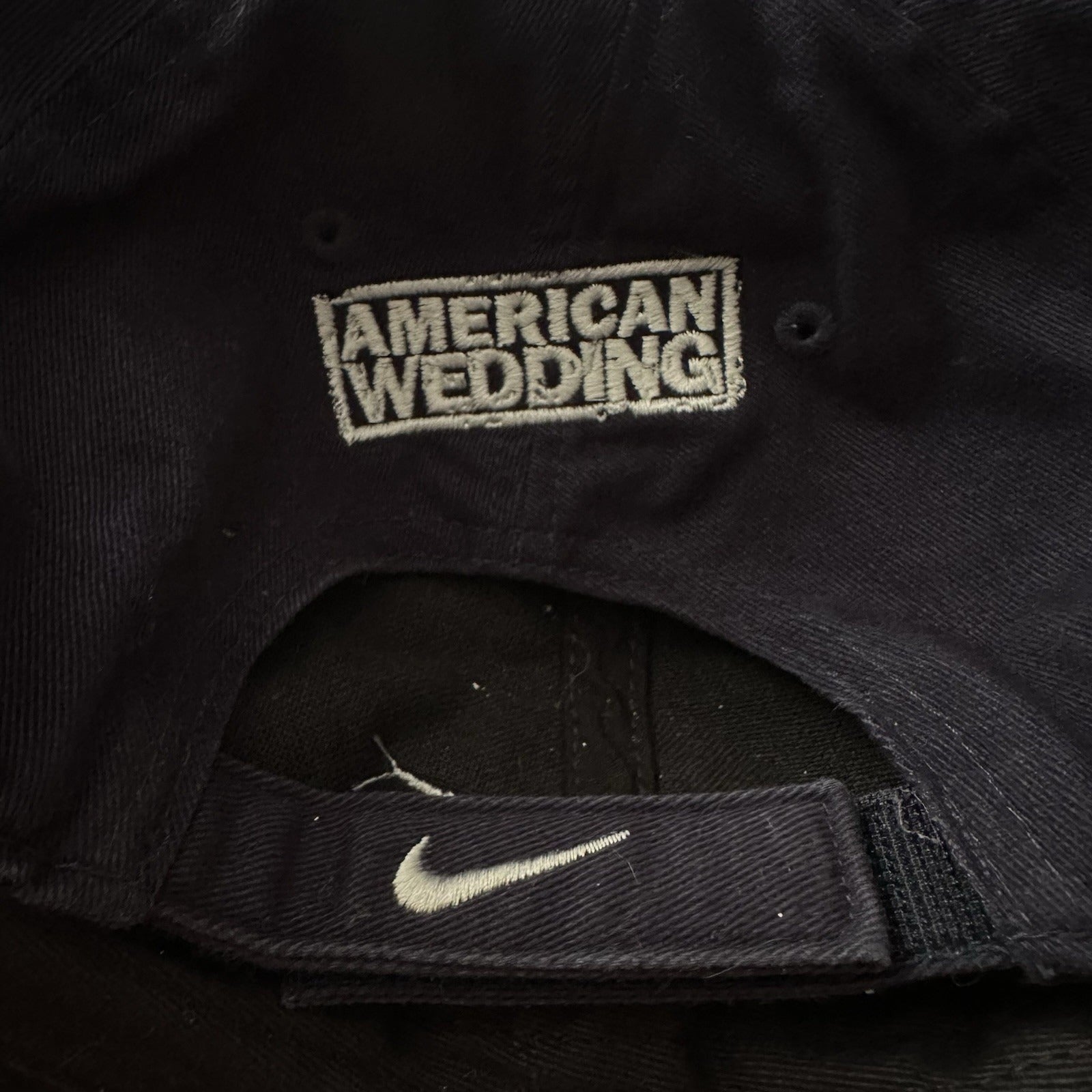 NIKE AMERICAN PIE WEDDING CAST & CREW BLUE WHITE CENTER SWOOSH STRAP HAT Y2K Yesterday's Fits Clothing Fashion Vintage Streetwear Fashion Item