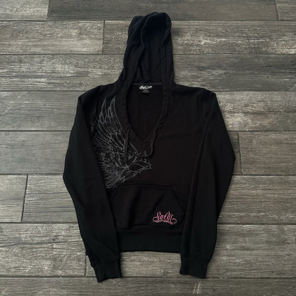 Y2K NO FEAR SO CAL ANGEL WINGS BLACK DEEP CUT RHINESTONE HOODIE SWEATSHIRT SZ M Yesterday's Fits Clothing Fashion Vintage Streetwear Fashion Item