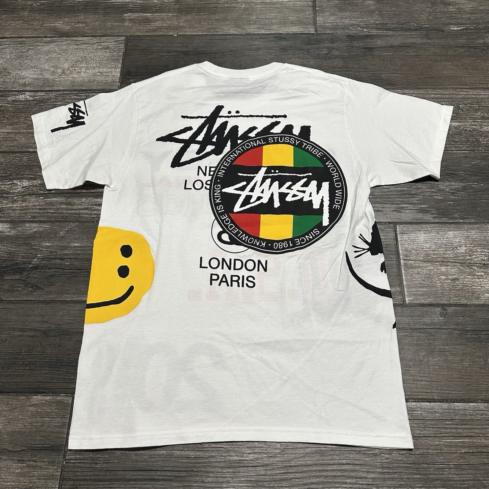 2019 STUSSY CACTUS PLANT FLEA MARKET CPFM AOP WHITE T-SHIRT SZ M MULTI-LOGO Yesterday's Fits Clothing Fashion Vintage Streetwear Fashion Item