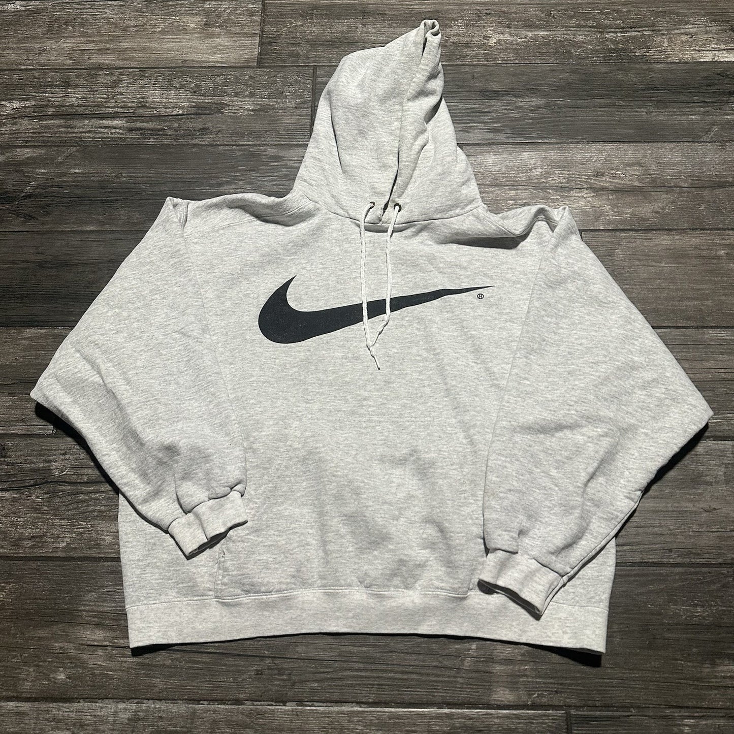 VTG 90s NIKE PULLOVER HOODIE CENTER SWOOSH LOGO GRAY BLACK SWEATSHIRT BOXY L Yesterday's Fits Clothing Fashion Vintage Streetwear Fashion Item