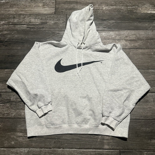 VTG 90s NIKE PULLOVER HOODIE CENTER SWOOSH LOGO GRAY BLACK SWEATSHIRT BOXY L Yesterday's Fits Clothing Fashion Vintage Streetwear Fashion Item