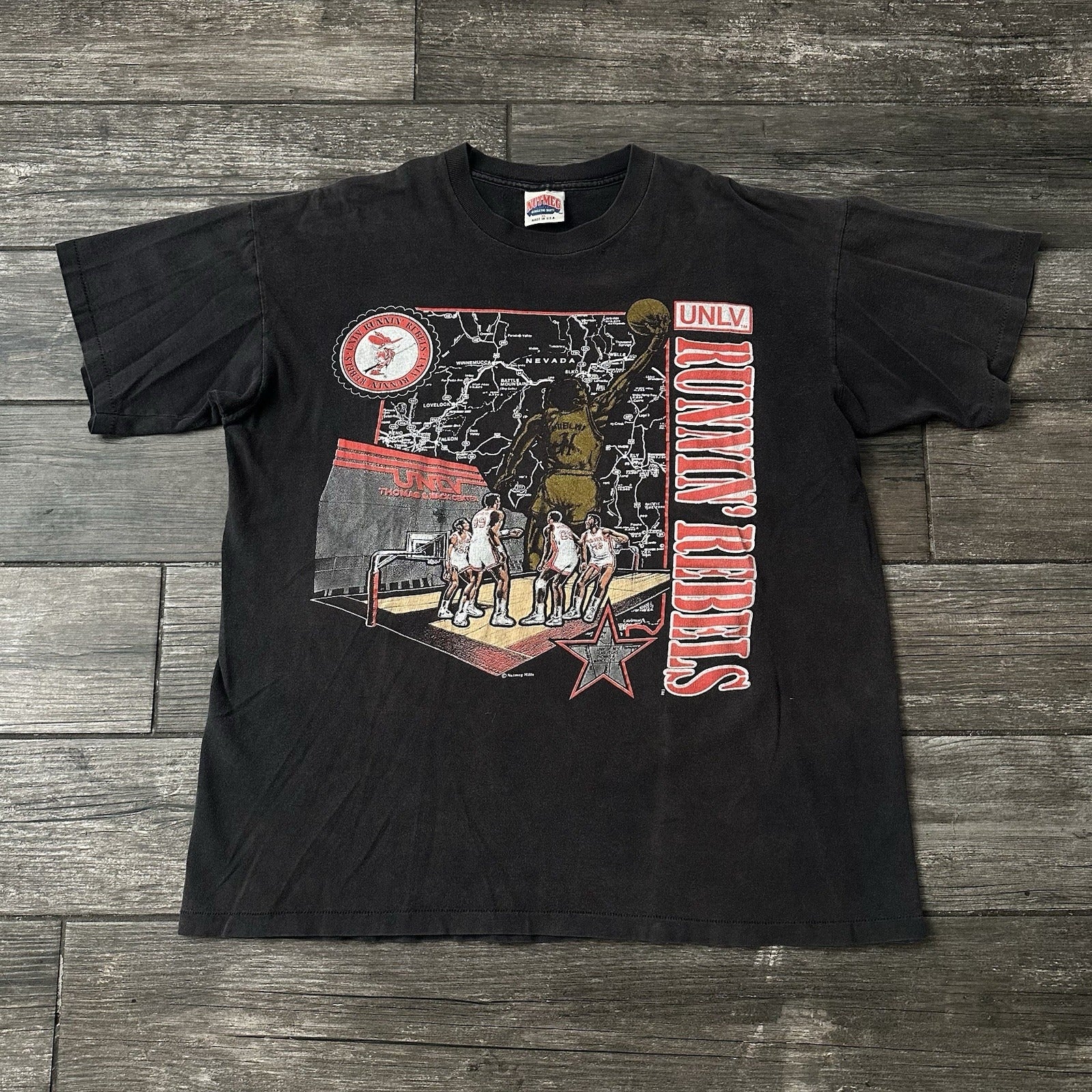 VTG NUTMEG UNLV RUNNIN REBELS BASKETBALL FADED BLACK T-SHIRT TEE SZ XL MAP RARE Yesterday's Fits Clothing Fashion Vintage Streetwear Fashion Item