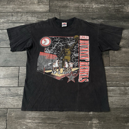 VTG NUTMEG UNLV RUNNIN REBELS BASKETBALL FADED BLACK T-SHIRT TEE SZ XL MAP RARE Yesterday's Fits Clothing Fashion Vintage Streetwear Fashion Item