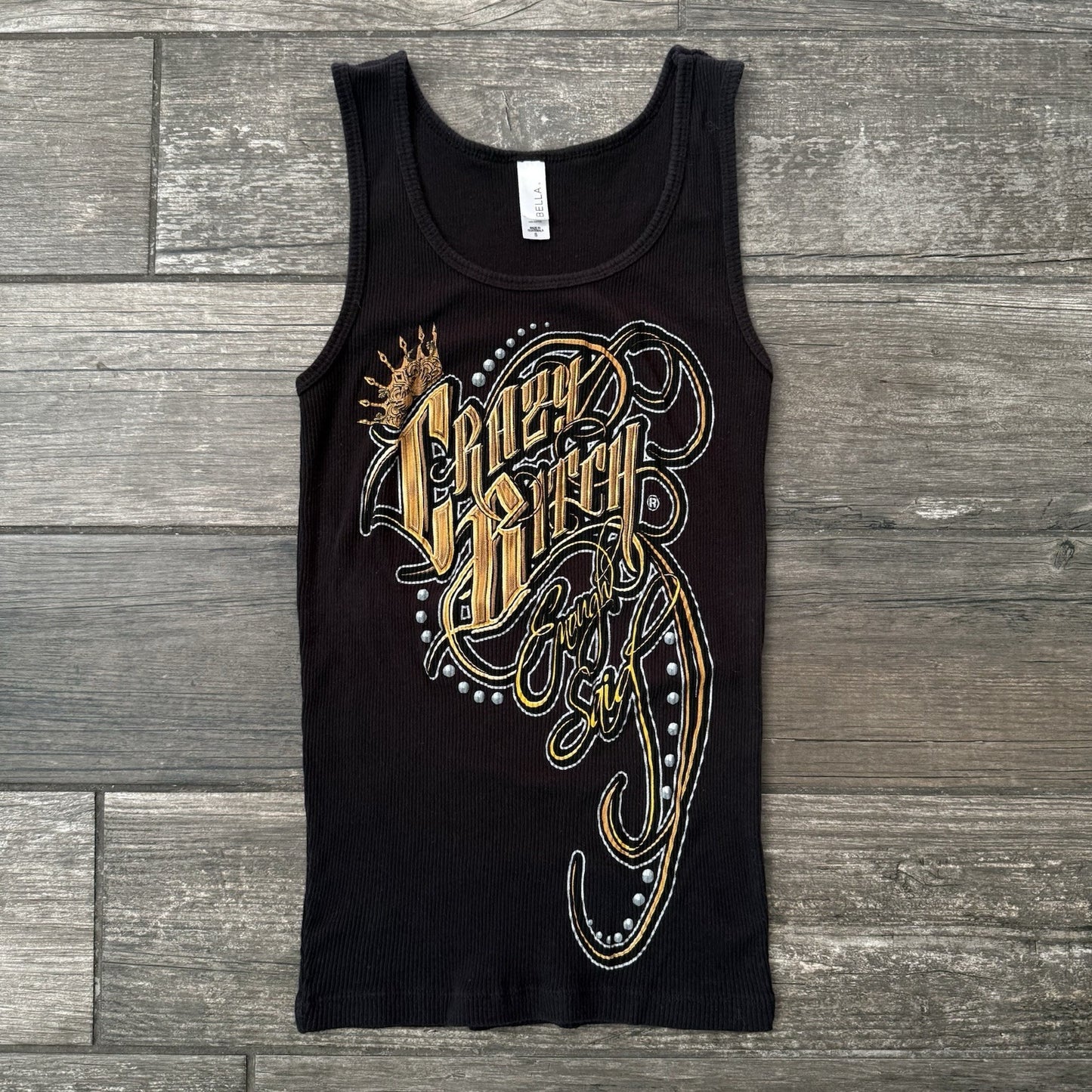 Y2K 'CRAZY BITCH ENOUGH SAID' BLACK TATTOO BIKER RIBBED GRAPHIC TANK TOP SZ S Yesterday's Fits Clothing Fashion Vintage Streetwear Fashion Item