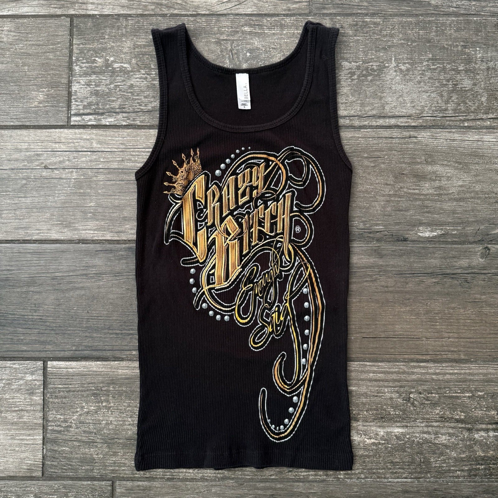 Y2K 'CRAZY BITCH ENOUGH SAID' BLACK TATTOO BIKER RIBBED GRAPHIC TANK TOP SZ S Yesterday's Fits Clothing Fashion Vintage Streetwear Fashion Item