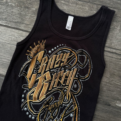 Y2K 'CRAZY BITCH ENOUGH SAID' BLACK TATTOO BIKER RIBBED GRAPHIC TANK TOP SZ S Yesterday's Fits Clothing Fashion Vintage Streetwear Fashion Item