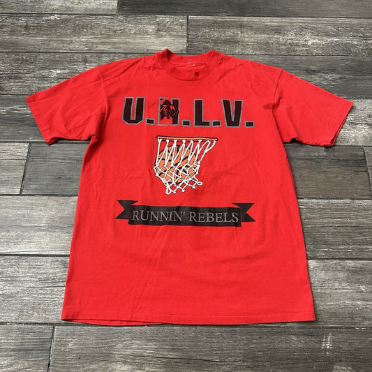 VTG 80s UNLV RUNNIN REBELES RED BASKETBALL NET TEE T-SHIRT COLLEGE FITS SZ L Yesterday's Fits Clothing Fashion Vintage Streetwear Fashion Item