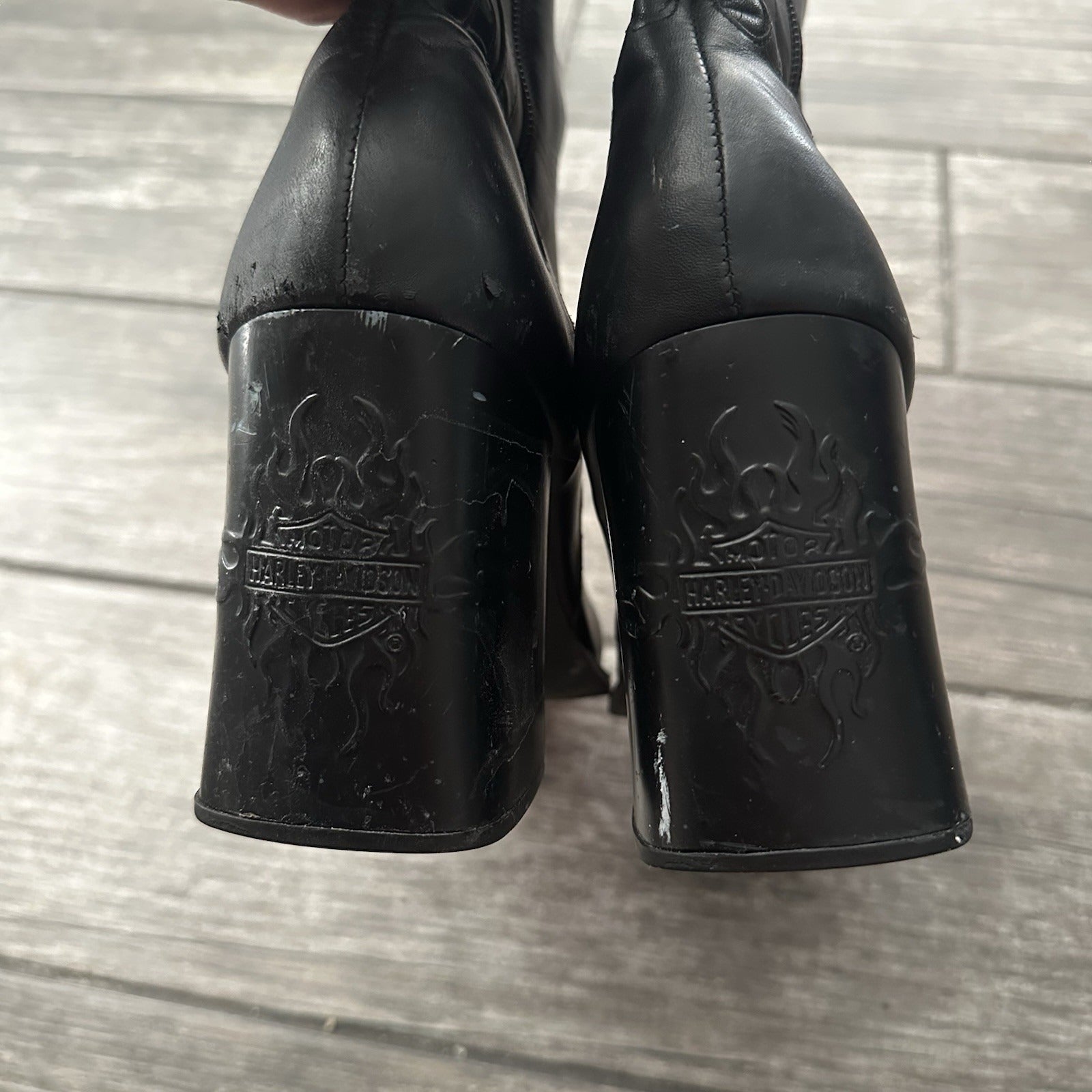 VTG HARLEY-DAVIDSON BLACK LEATHER ANKLE BOOTS FLAME EMBOSSED WMNS SZ 10 NO BOX Yesterday's Fits Clothing Fashion Vintage Streetwear Fashion Item