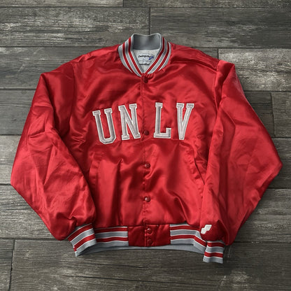 VTG SWINGSTER UNLV RUNNIN REBELS RED SILVER SATIN BOMBER JACKET BUTTON UP SZ L Yesterday's Fits Clothing Fashion Vintage Streetwear Fashion Item