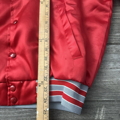 VTG SWINGSTER UNLV RUNNIN REBELS RED SILVER SATIN BOMBER JACKET BUTTON UP SZ L Yesterday's Fits Clothing Fashion Vintage Streetwear Fashion Item