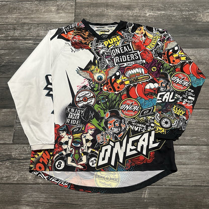 O'NEAL ELITE MAYHEM MOTOCROSS LONG SLEEVE JERSEY SZ L ALL OVER PRINT STICKER Yesterday's Fits Clothing Fashion Vintage Streetwear Fashion Item