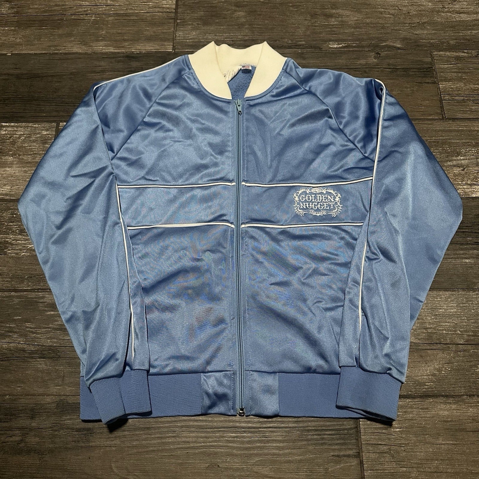 VTG 80s GOLDEN NUGGET LAS VEGAS CASINO BLUE WHITE TRACK ZIP UP JACKET ZWICKEL S Yesterday's Fits Clothing Fashion Vintage Streetwear Fashion Item