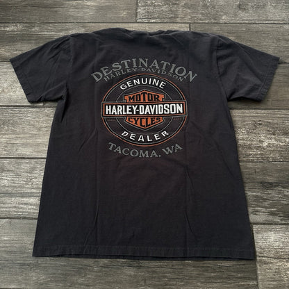 2014 HARLEY DAVIDSON MOTORCYCLES GREY TACOMA WA SKULL SKELETON T-SHIRT TEE SZ M Yesterday's Fits Clothing Fashion Vintage Streetwear Fashion Item