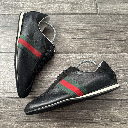Y2K GUCCI BLACK LEATHER SZ 40 USA 8 TRAINERS WEB ACCENT 138732 SNEAKERS NO BOX Yesterday's Fits Clothing Fashion Vintage Streetwear Fashion Item
