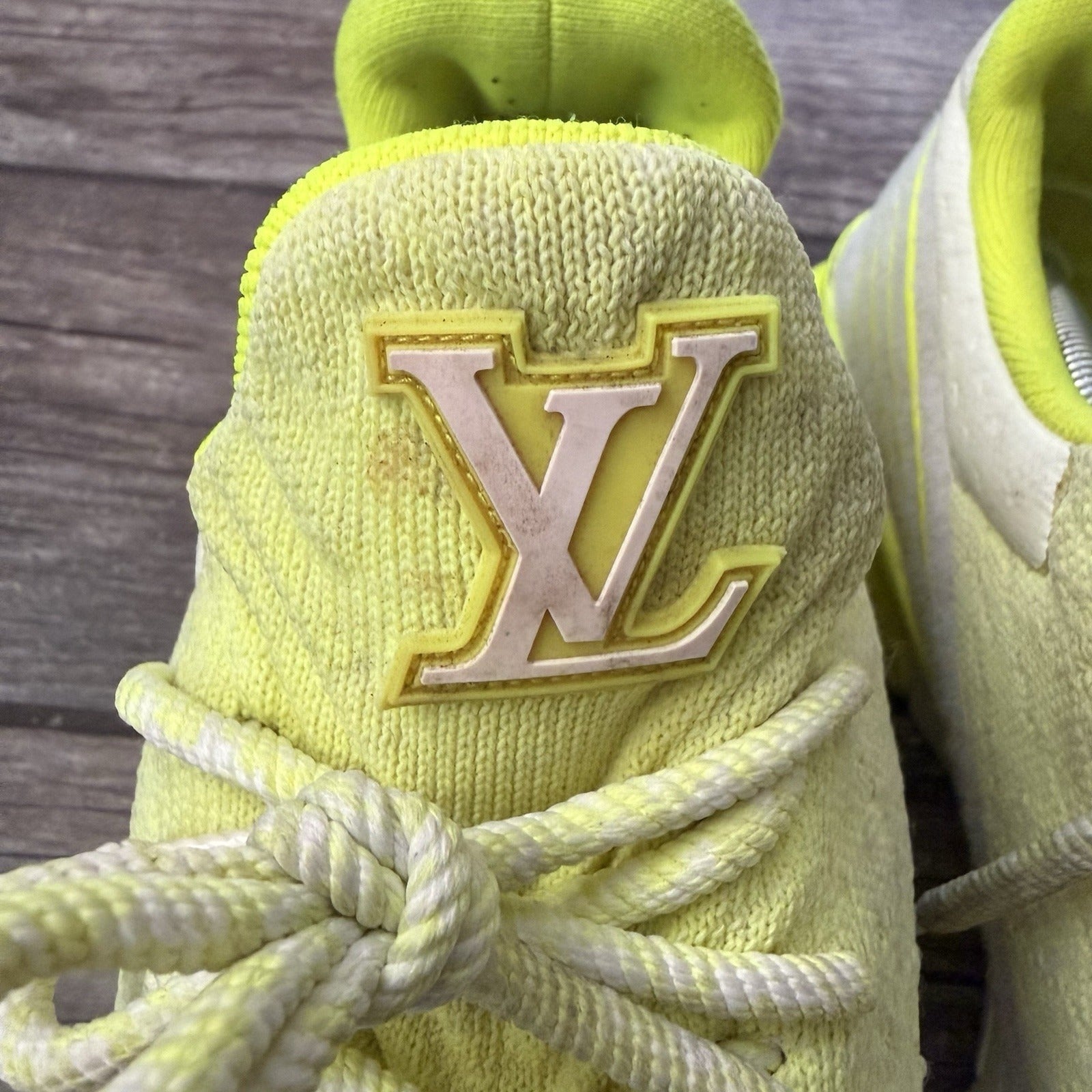 AUTHENTIC LOUIS VUITTON VNR FLUORESCENT YELLOW KNIT SNEAKERS SZ 11 NO BOX Yesterday's Fits Clothing Fashion Vintage Streetwear Fashion Item