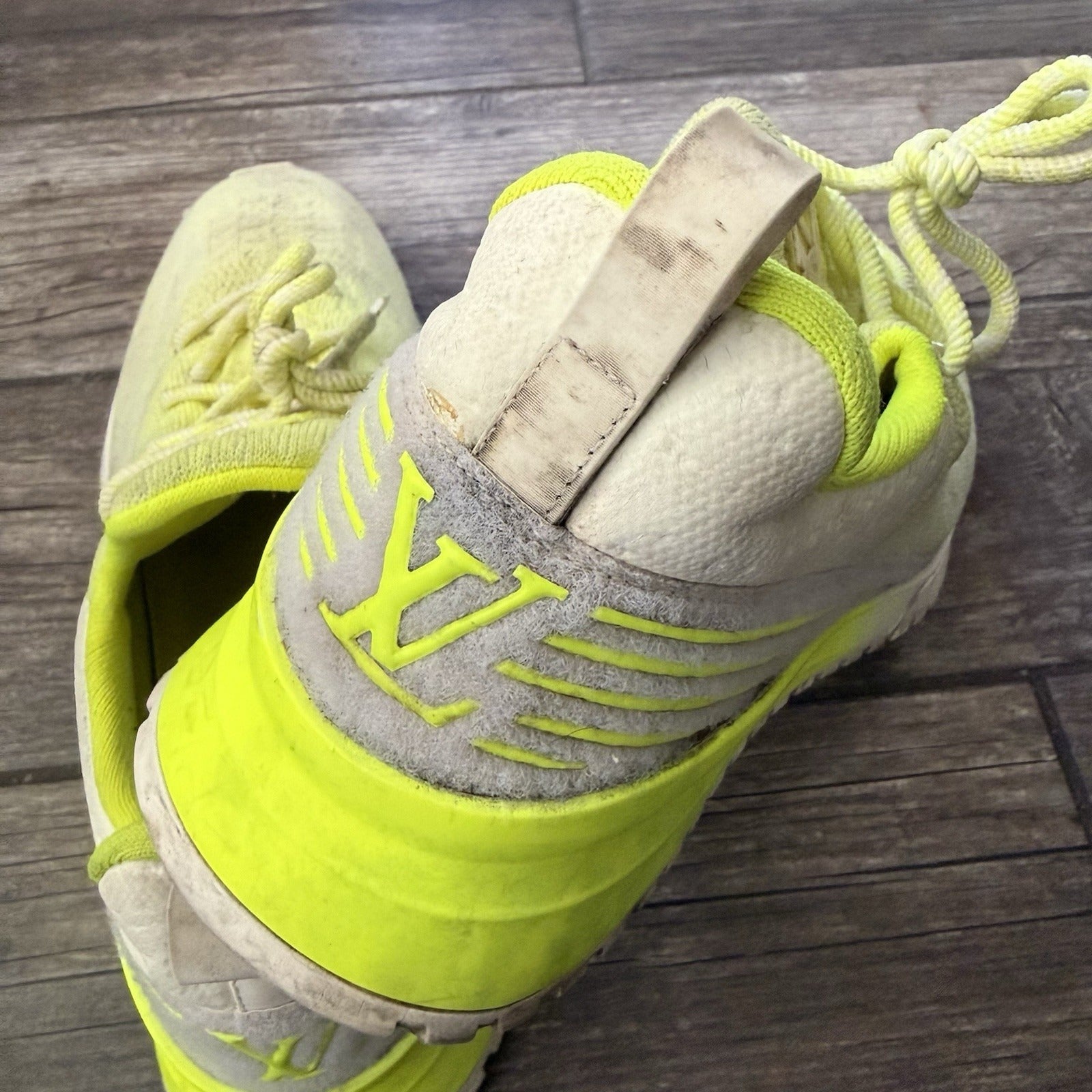 AUTHENTIC LOUIS VUITTON VNR FLUORESCENT YELLOW KNIT SNEAKERS SZ 11 NO BOX Yesterday's Fits Clothing Fashion Vintage Streetwear Fashion Item
