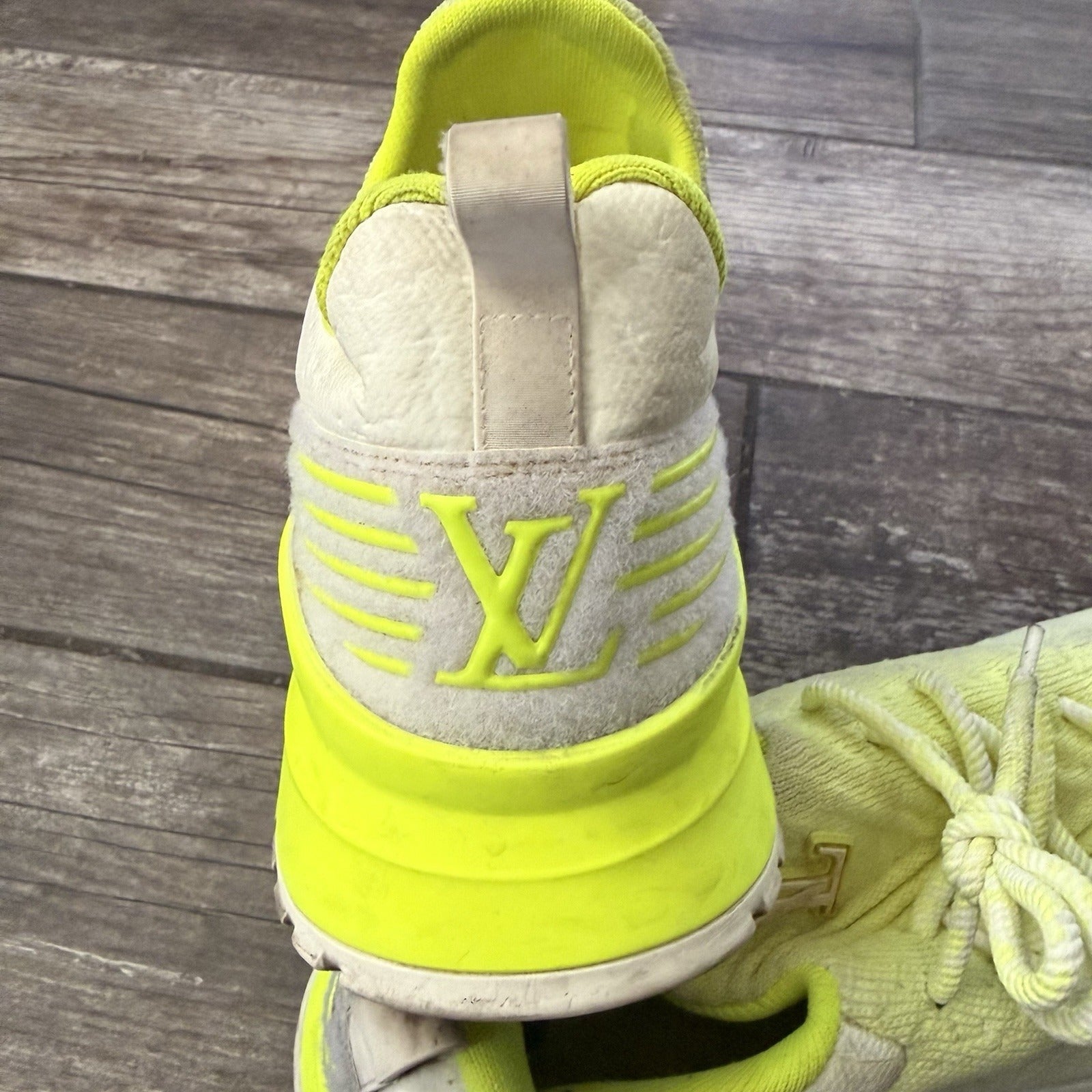 AUTHENTIC LOUIS VUITTON VNR FLUORESCENT YELLOW KNIT SNEAKERS SZ 11 NO BOX Yesterday's Fits Clothing Fashion Vintage Streetwear Fashion Item