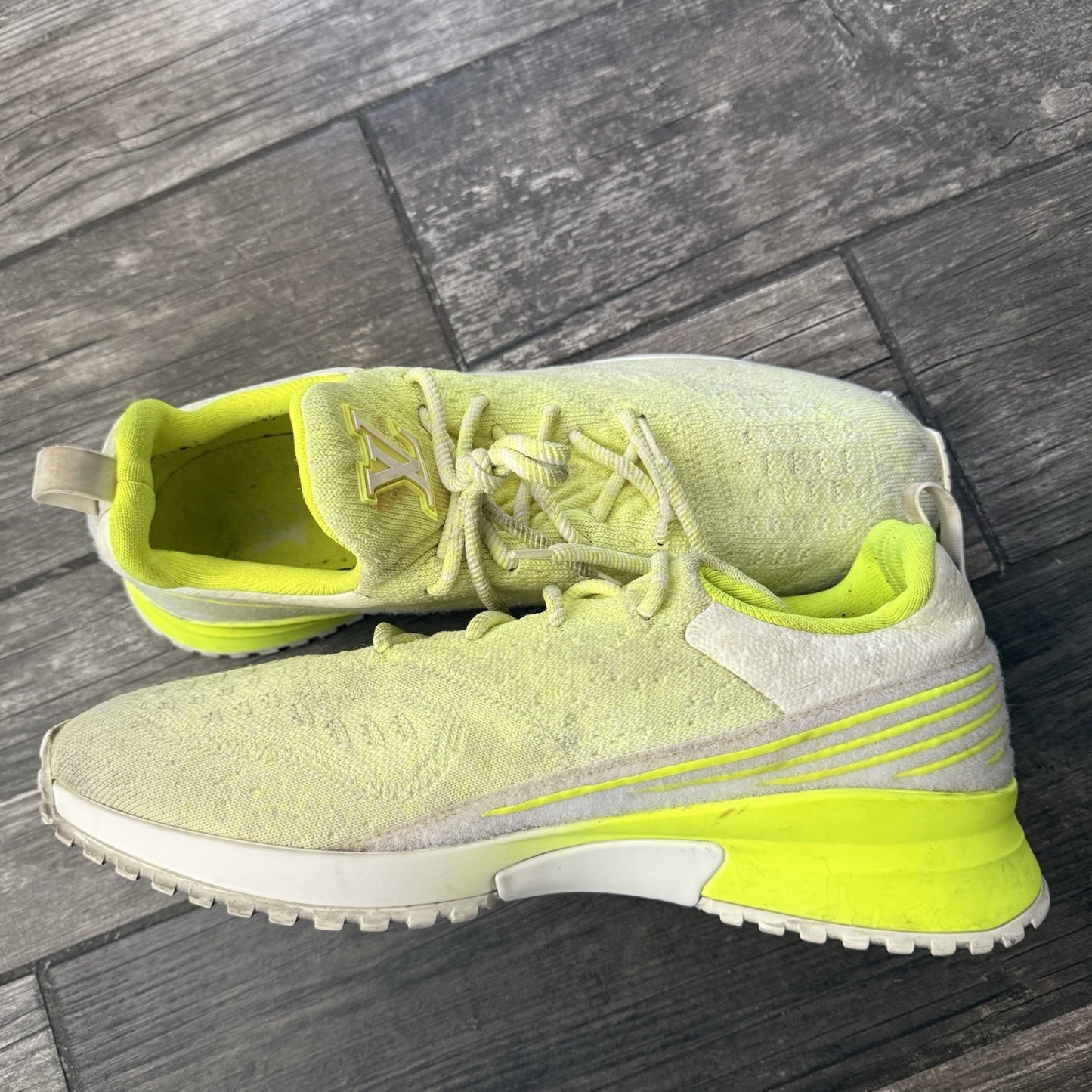 AUTHENTIC LOUIS VUITTON VNR FLUORESCENT YELLOW KNIT SNEAKERS SZ 11 NO BOX Yesterday's Fits Clothing Fashion Vintage Streetwear Fashion Item