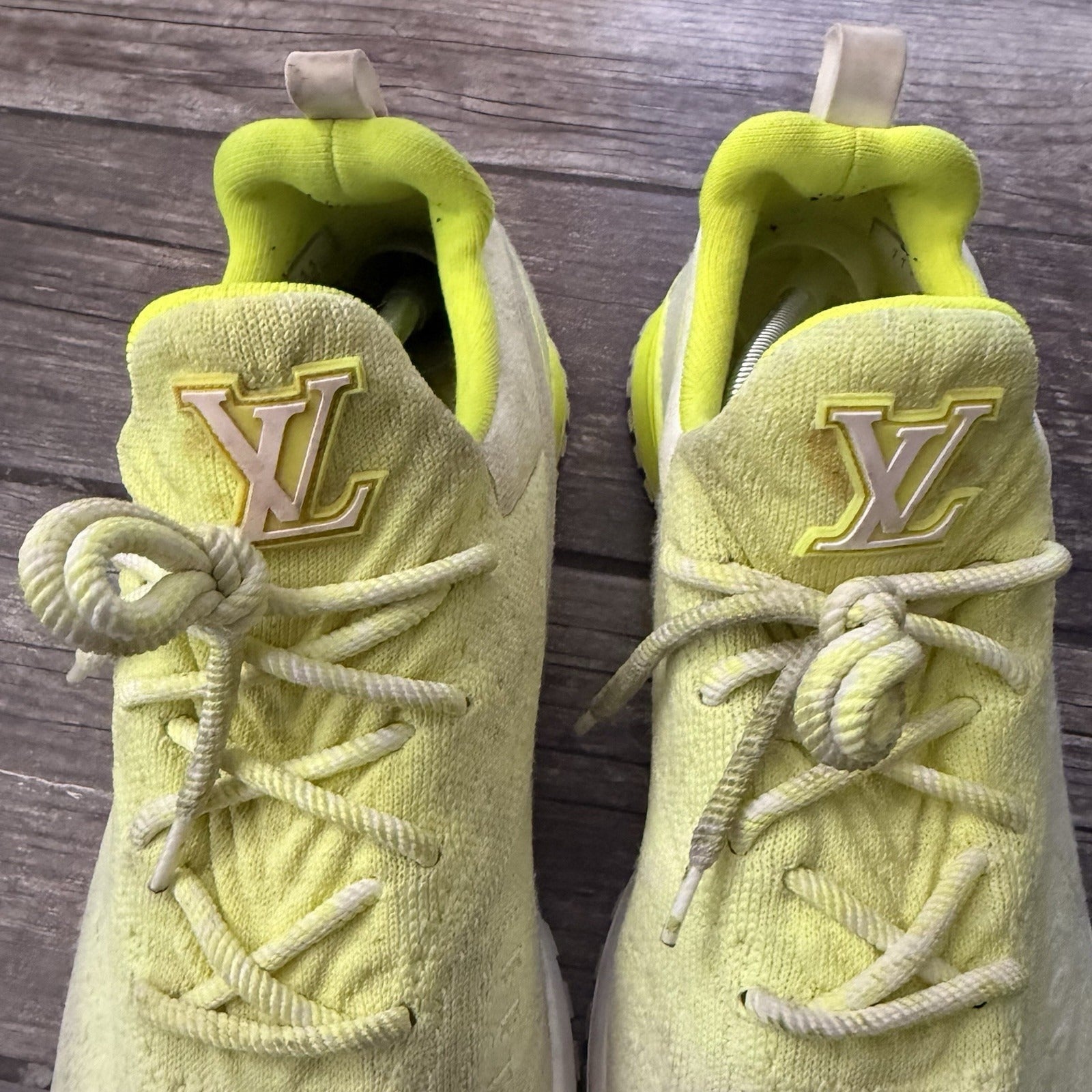 AUTHENTIC LOUIS VUITTON VNR FLUORESCENT YELLOW KNIT SNEAKERS SZ 11 NO BOX Yesterday's Fits Clothing Fashion Vintage Streetwear Fashion Item