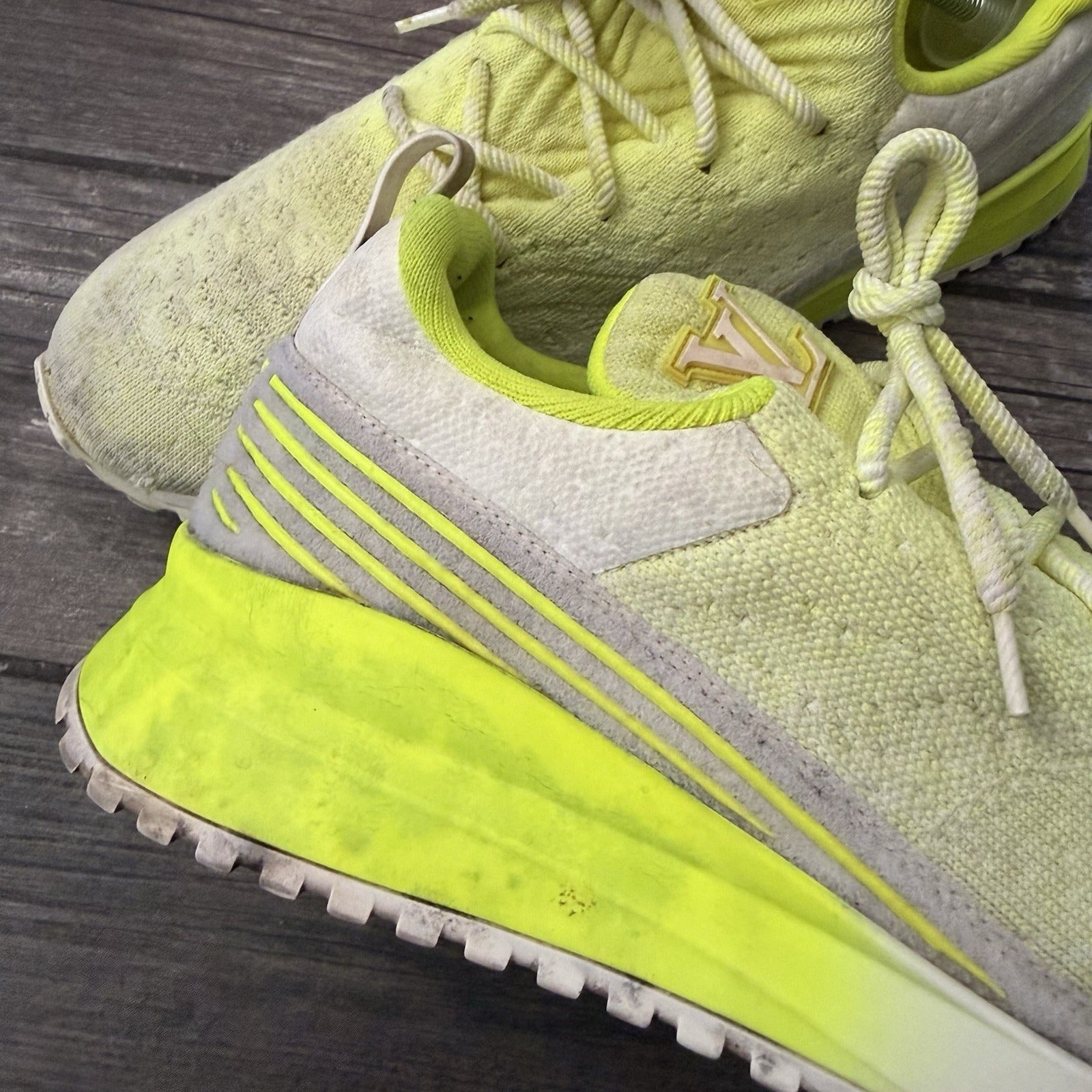 AUTHENTIC LOUIS VUITTON VNR FLUORESCENT YELLOW KNIT SNEAKERS SZ 11 NO BOX Yesterday's Fits Clothing Fashion Vintage Streetwear Fashion Item