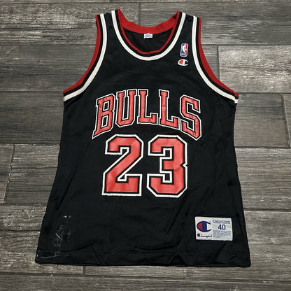 VTG CHAMPION CHICAGO BULLS MICHAEL JORDAN BLACK BASKETBALL JERSEY 40 DISTRESS Yesterday's Fits Clothing Fashion Vintage Streetwear Fashion Item