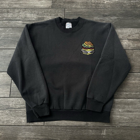 VTG 90s DISTRESSED FADED PULLOVER SWEATSHIRT EMBROIDERED CHEESEBURGER SZ L Yesterday's Fits Clothing Fashion Vintage Streetwear Fashion Item