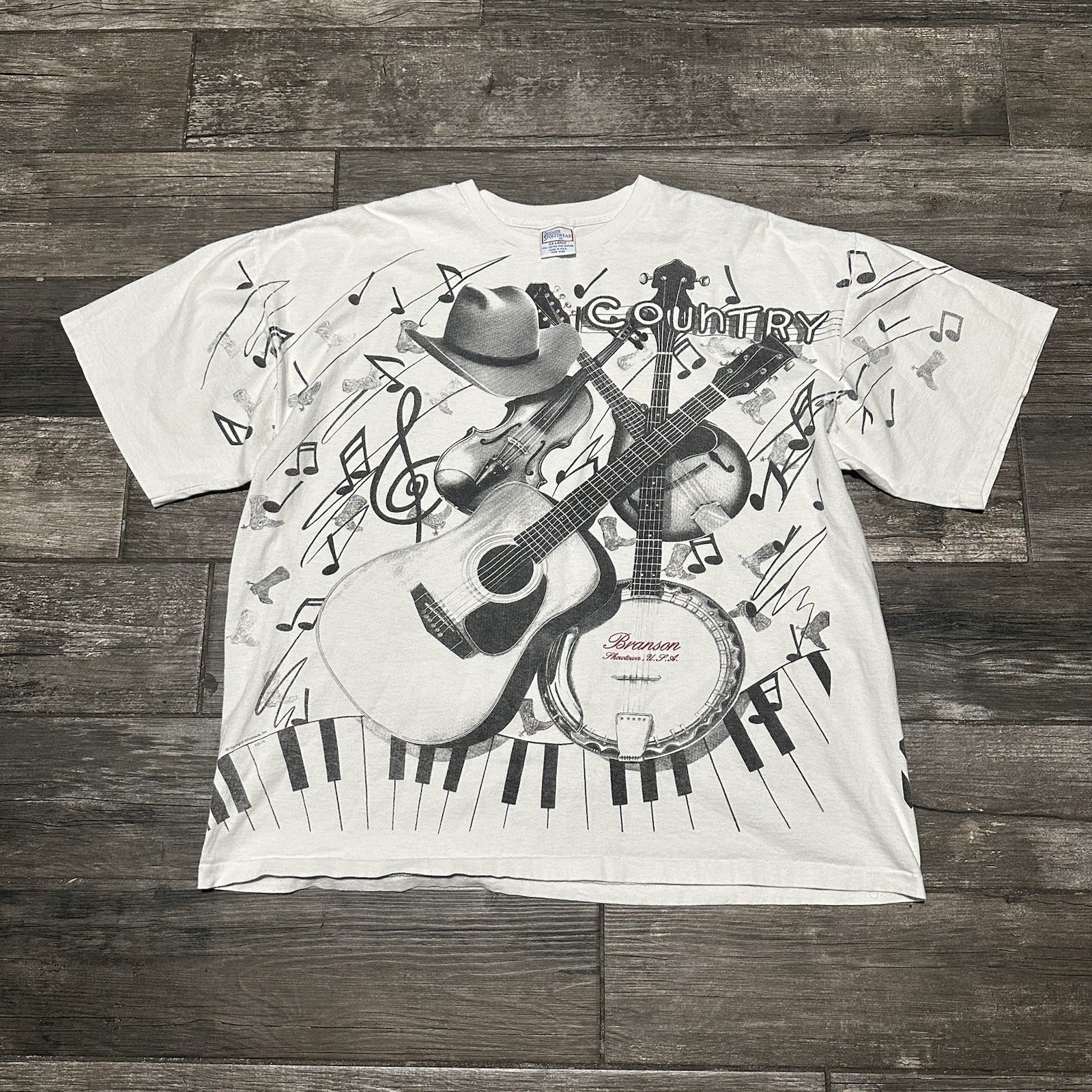 VTG 90s COUNTRY MUSIC FESTIVAL AOP ALL OVER PRINT WHITE T-SHIRT 2XL BRANSON Yesterday's Fits Clothing Fashion Vintage Streetwear Fashion Item