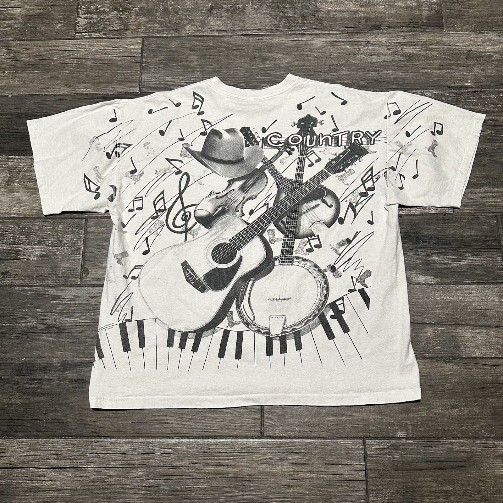 VTG 90s COUNTRY MUSIC FESTIVAL AOP ALL OVER PRINT WHITE T-SHIRT 2XL BRANSON Yesterday's Fits Clothing Fashion Vintage Streetwear Fashion Item